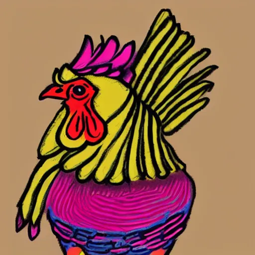 Image similar to A chicken knitting a scarf, color drawing