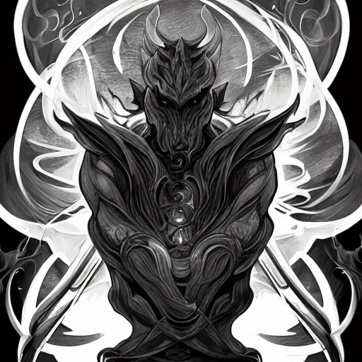 Image similar to full body grayscale drawing by Anato Finnstark of wingless balrog in heroic pose, swirling flames, alphonse mucha,