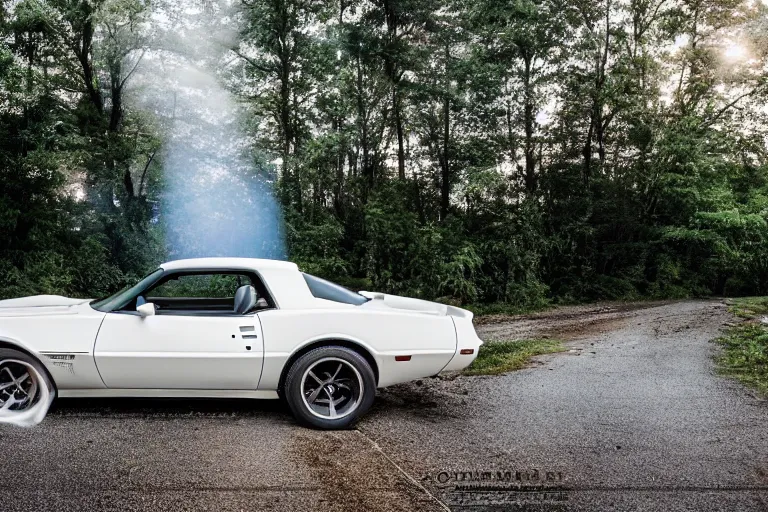 Image similar to pontiac firebird with white paint, cat inside car, sunrise, eerie light, fireflies, dog watching the car, dramatic, cinematic, forest, horror, sunbeams, volumetric lighting, wide shot, low angle, lightning storm hitting the car, ground cracking open to reveal a portal to hell