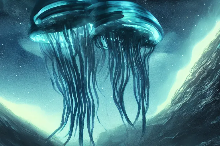 Image similar to alien jellyfish on the landscape of jupiter, artstation
