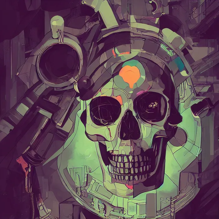 Image similar to a colorful comic noir illustration painting of a cyberpunk skull by sachin teng and sergey kolesov and sam yang. in style of 3 d art. hyper detailed, sharp focus, soft light. octane render. ray tracing. trending on artstation