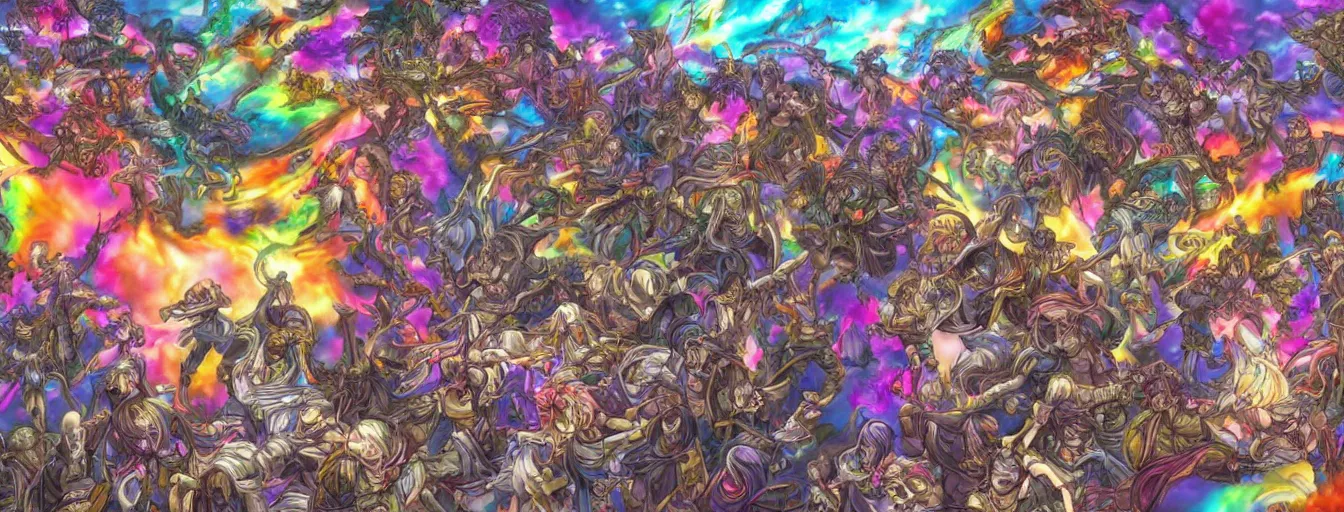 Prompt: a zoomed out panoramic view an army of rainbow soul calvary screaming into the abyss. hyperrealistic anime background illustration by kim jung gi, colorful, extremely detailed intricate linework, smooth, super sharp focus, bright colors, high contrast, matte, octopath traveler, unreal engine 5 highly rendered, global illumination, radiant light
