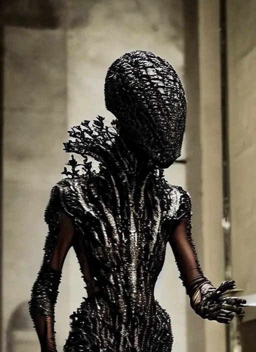 Image similar to walking down the catwalk, steven klein, show, stage, vogue photo, podium, fashion show photo, historical baroque dress dark, iris van herpen, beautiful woman, full body shot, masterpiece, intricate, biopunk, predator, guyver, highly detailed