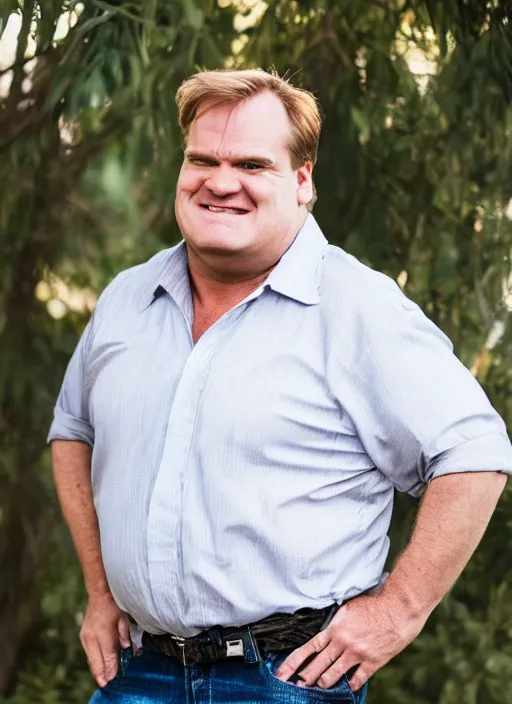 Image similar to DSLR photo portrait still of 58 year old age 58 Chris Farley at age 58!!!, 85mm f1.8