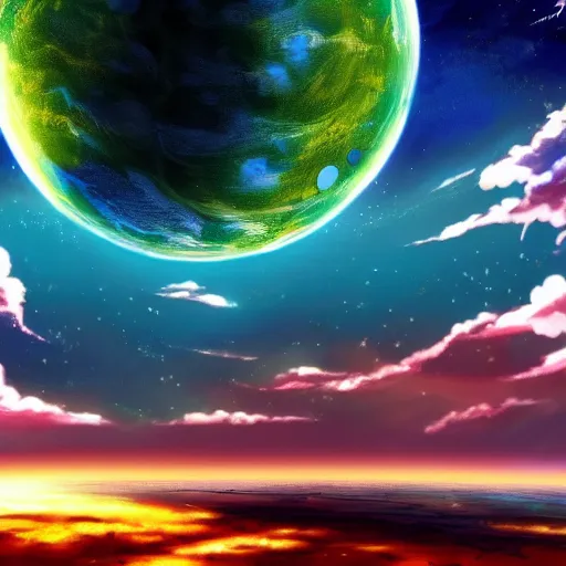 Image similar to anime style hd wallpaper of outer space with a view of a blue and green planet below