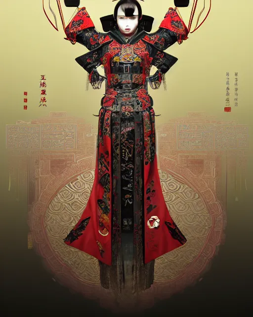 Image similar to portrait of a chinese cyberpunk machine, machine face, robed arms, upper half portrait, decorated with chinese opera motifs, regal, asian, fine china, wuxia, traditional chinese art intricate intense elegant 京 剧 highly detailed digital painting artstation concept art smooth sharp focus illustration, art by artgerm and greg rutkowski alphonse mucha 8 k