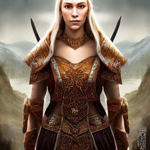 Image similar to the elder scrolls vi, charismatic regal blonde high elf female jarl, portrait, throne room, atmospheric lighting, painted, intricate, volumetric lighting, beautiful, daytime, sunny weather, slight overcast, sharp focus, deep colours, ultra detailed, by leesha hannigan, ross tran, thierry doizon, kai carpenter, ignacio fernandez rios