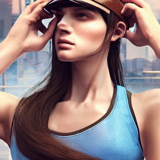 Image similar to photo of a gorgeous caucasian female with long brown hair with light blue ends in the style of stefan kostic, tank top, visor, realistic, cyberpunk, body shot, sharp focus, 8 k high definition, insanely detailed, intricate, elegant, art by stanley lau and artgerm, floating embers