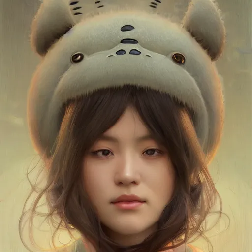 Image similar to portrait of a totoro woman, detailed, centered, digital painting, artstation, concept art, donato giancola, alphonse mucha, Joseph Christian Leyendecker, WLOP, Boris Vallejo, Breathtaking, 8k resolution, extremely detailed, beautiful, establishing shot, artistic, hyperrealistic, beautiful face, octane render