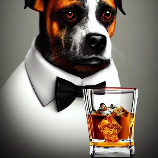 Prompt: a beautiful illustration of a dog in a tuxedo drinking whiskey by rutkowski featured on artstation, studio lighting
