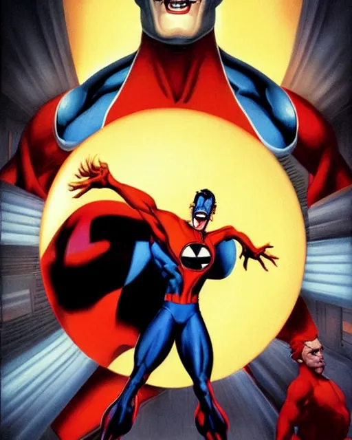 Prompt: Freakazoid, art by Alex Ross, dramatic lighting, dark background, very high quality, incredibly detailed,