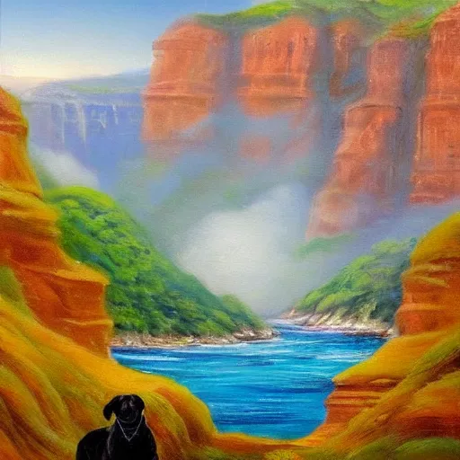 Image similar to dog lying next to a canyon close to the sea, evocative, mist, romanticism landscape painting