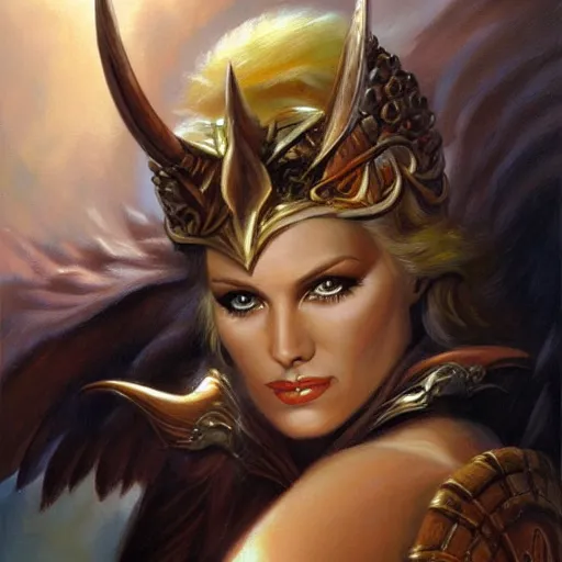 Prompt: portrait of a gorgeous valkyrie by boris vallejo and julie bell, soft details, soft lighting, oil painting, HD, elegant, intricate, masterpiece