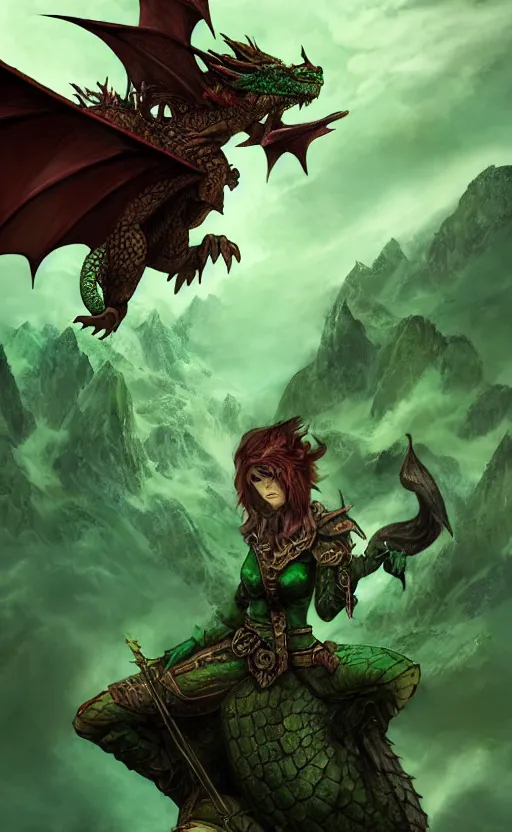 Image similar to epic fantasy dungeons and dragons scene, female halfling rogue, dragonrider, flying on top of a green dragon, green dragon, waterdeep, black hair, rogue, fantasy, red leather corset, cinematic, beautiful lighting, heroic, digital art, sky, mountain