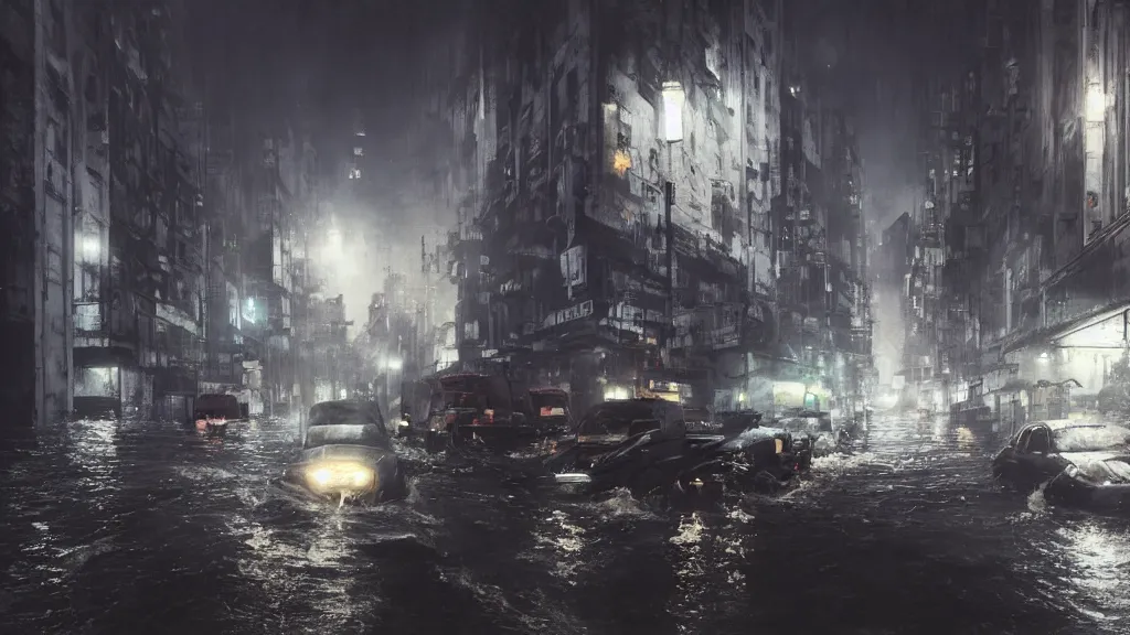 Image similar to dramatic Photorealistic, Matte Painting of a freight ship with bright head lights traveling down a busy post apocalyptic deep flooded Hong Kong city street at night,dark Tall buildings by Greg Rutkowski,Craig Mullins,Hyperrealism,Beautiful dramatic moody lighting,Cinematic Atmosphere,Octane Rendering,8K