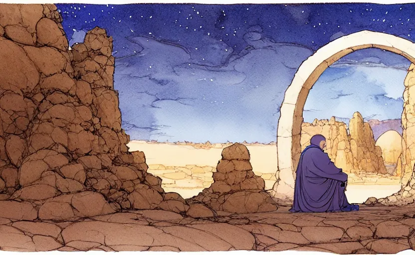 Prompt: a hyperrealist watercolour concept art of a desert night. through a large rock arch is a time portal to a clear blue sky. a medieval monk in grey robes is kneeling in prayer below it on a desert road at night. by rebecca guay, michael kaluta, charles vess and jean moebius giraud. high detail, hq, wide shot