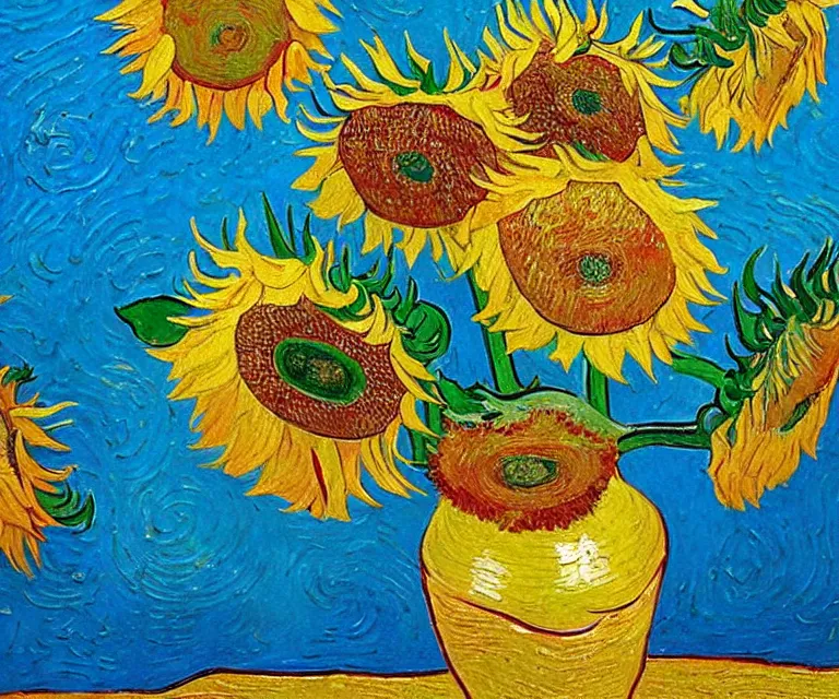 Image similar to sunflowers, van gogh, water painting, bright colors, sunlight, happy, peaceful, serene, joy