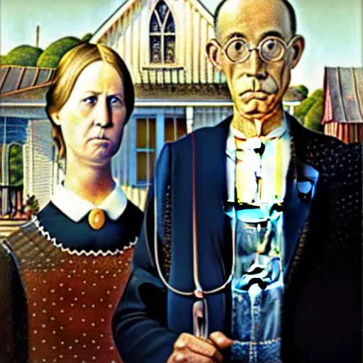 Image similar to margorie taylor greene and matt gaetz, grant wood ’ s american gothic, artistic