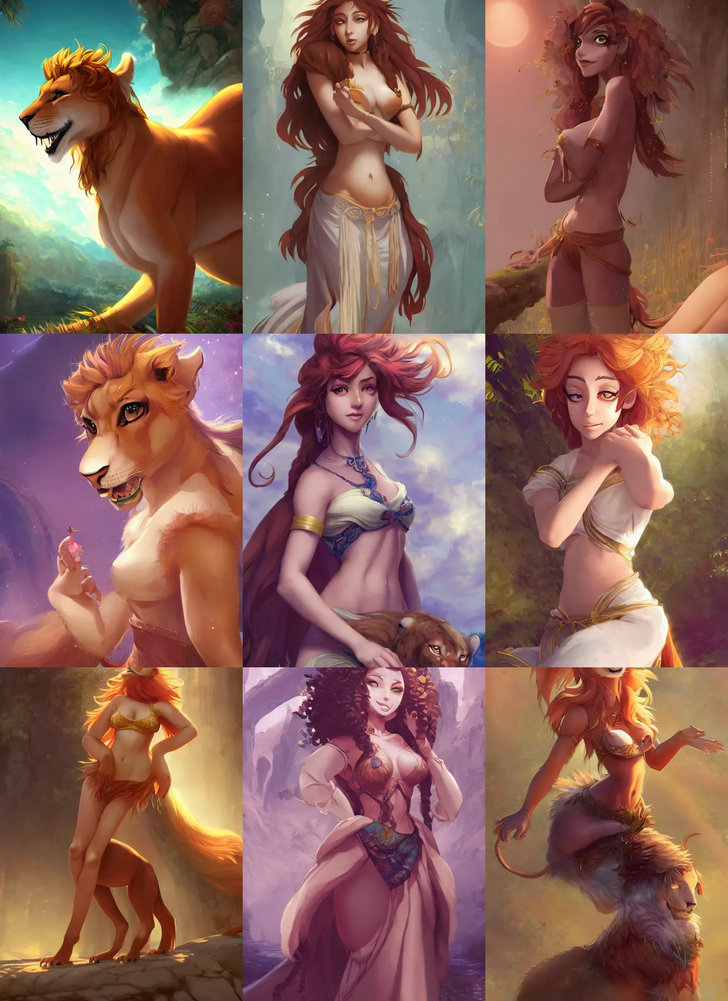 Prompt: beautiful portrait of a female anthropomorphic lioness fursona dressed as a harem girl. exposed midriff and visible abs. character design by disney, charlie bowater, ross tran, artgerm, and makoto shinkai, detailed, soft lighting, rendered in octane