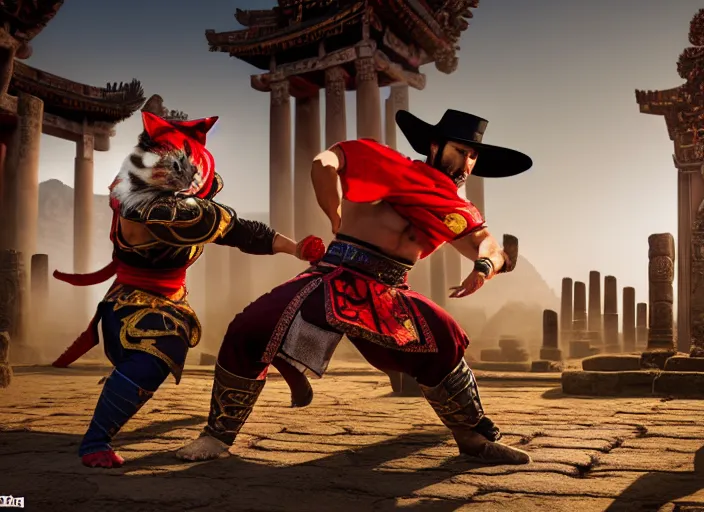 Image similar to hamster dressed as shao khan fights a cat dressed as kung lao in mortal kombat on the background of an ancient temple. fantasy magic style. highly detailed 8 k. intricate. lifelike. soft light. sony a 7 r iv 5 5 mm. cinematic post - processing