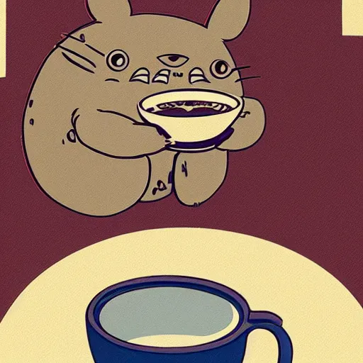 Image similar to totoro drinking coffee, art nouveau, print, detailed