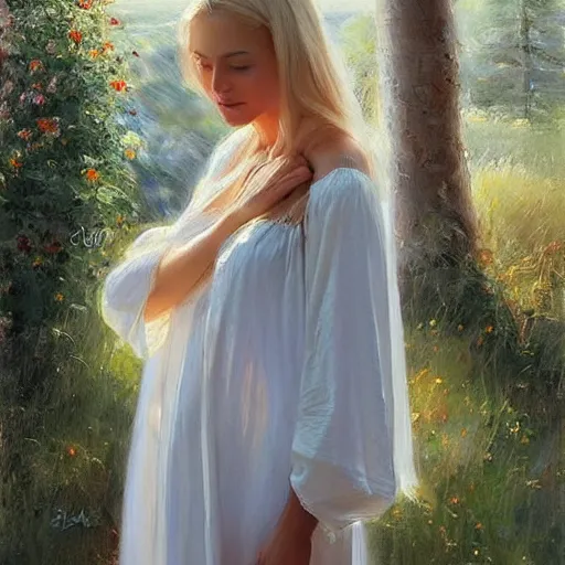 Image similar to blonde woman, nightgown, swedish countryside, archipelago, morning, masterpiece, highly detailed, beautiful, atmospheric, impressionism, painting by Vladimir Volegov