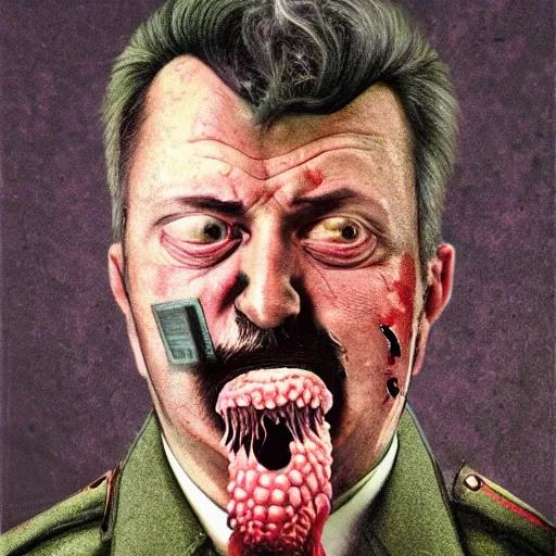 Image similar to igor ivanovich strelkov became an aggressive bloody lovecraftian degenerate worm calling for total mobilization, photo - realistic, color image, 2 k, highly detailed, bodyhorror, occult art
