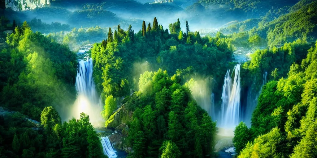 Image similar to evergreen valley, several waterfalls, ancient marble city, tall buildings, landscape, global illumination, morning light, radiant light, bird's eye view