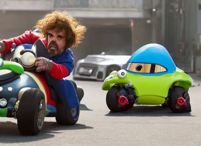 Image similar to peter dinklage racing gizmo from gremlins driving a little tikes cozy coupe, movie still, from the new fast and furious movie, 8 k, realistic