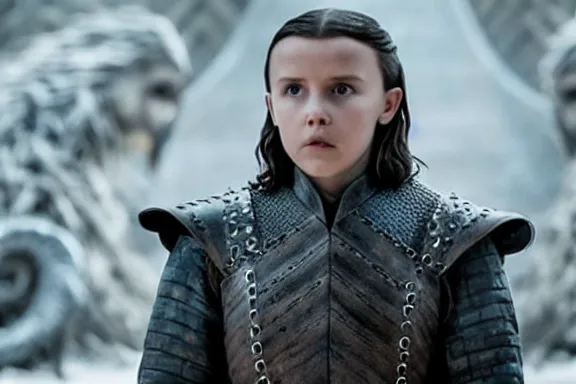 Prompt: “ very photorealistic photo of millie bobby brown in an episode of game of thrones, award - winning details ”