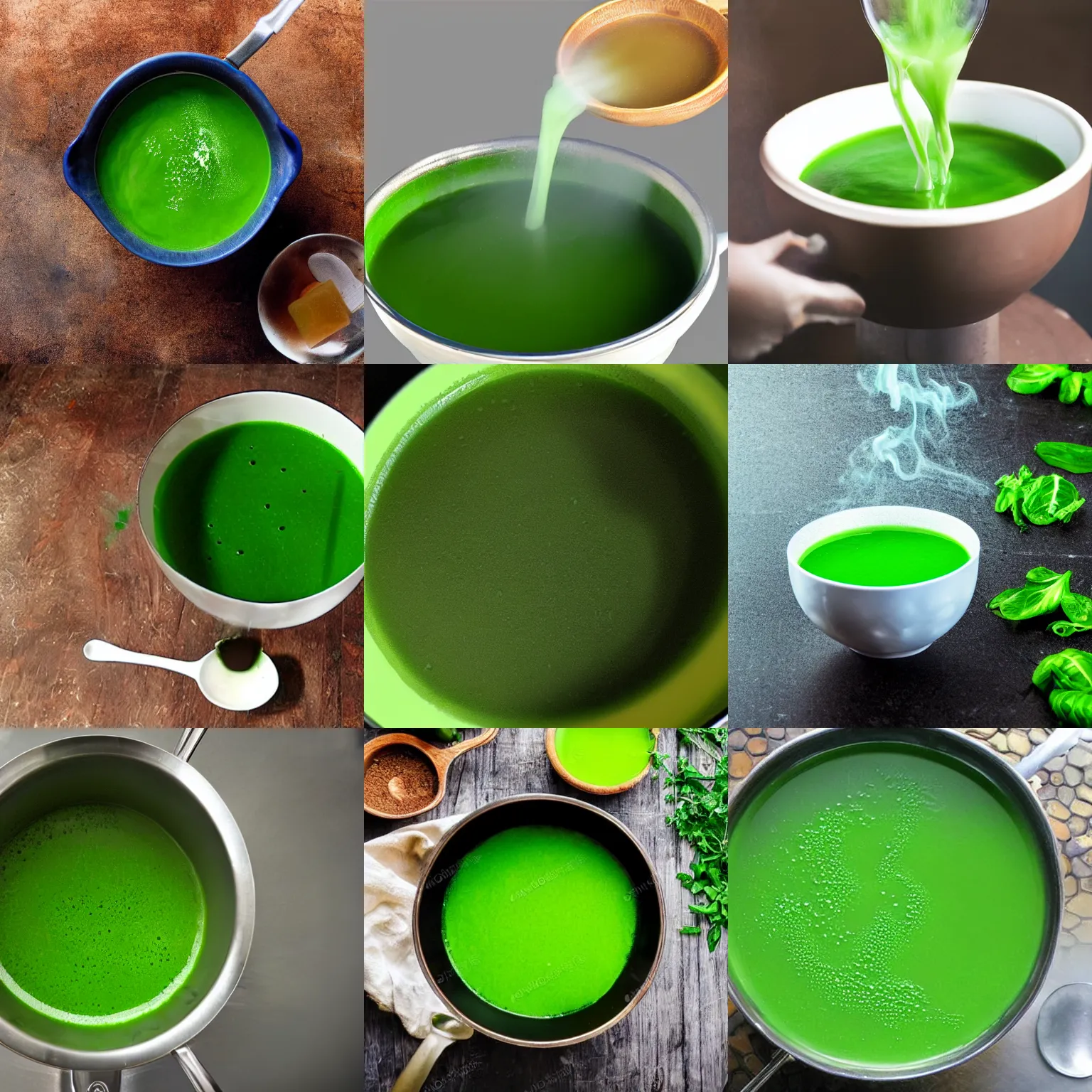 Prompt: brewing green fluid soup, mist rising from soup