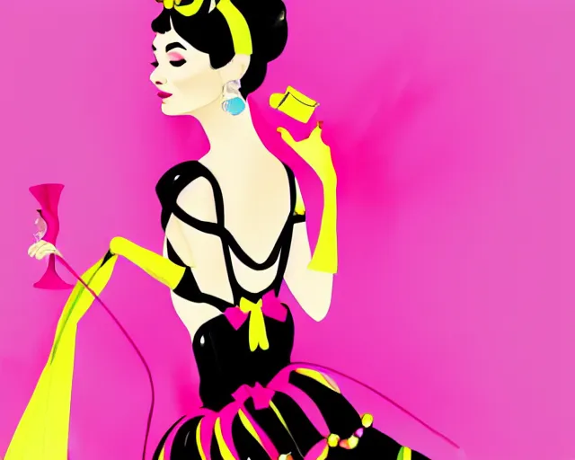 Image similar to audrey hepburn as a cancan dancer in art deco style, hyper realistic, artstation, illustration, digital paint, matte paint, vivid colors, bright, cheerful, detailed and intricate environment