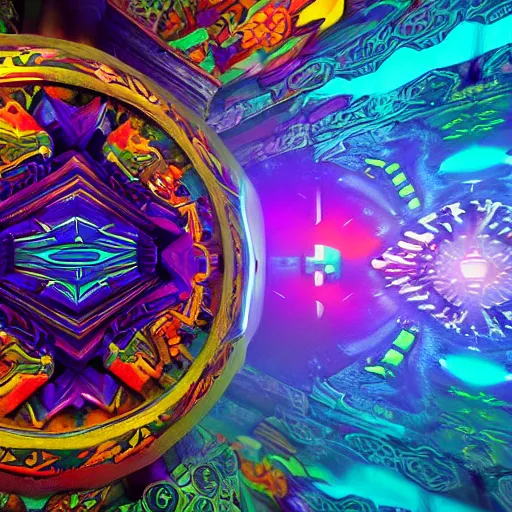 Image similar to dmt realm, a dmt object centered in the image, cover art, colors: blue, orange, violet, green, yellow, sharp focus, with intricate egiptian details all around , octane render, unreal engine, artstation