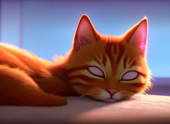 Image similar to a wholesome animation key shot of a ginger cat sleeping, close up, studio ghibli, pixar and disney animation, sharp, rendered in unreal engine 5, clear sky, anime key art by greg rutkowski, bloom, dramatic lighting