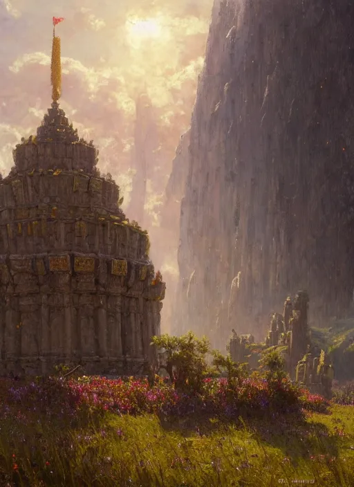 Prompt: giant castle temple megastructure in meadow by gaston bussiere, anna nikonova aka newmilky, greg rutkowski, yoji shinkawa, yoshitaka amano, moebius, donato giancola, geoffroy thoorens, trending on artstation, pixiv, cinematic composition, 8 k