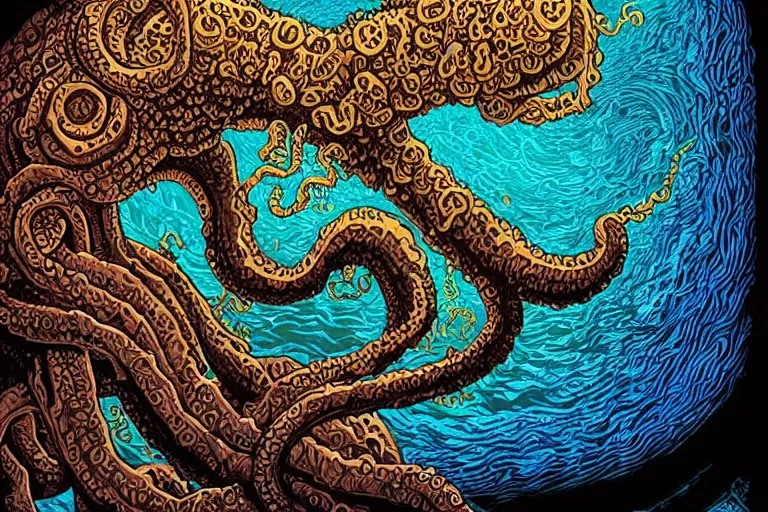 Image similar to a giant lovecraftian skulled tentacle creature gripping a black hole by dan mumford, digital art, photorealistic, vivid colors, highly detailed, intricate