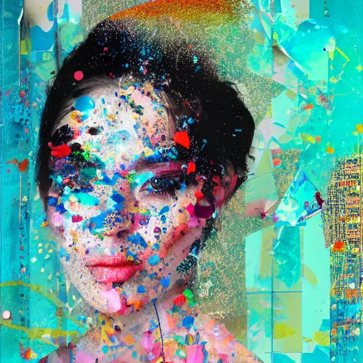 Prompt: a portrait of a young beauty constructed from collage, stickers, drop shadow, layered composition, layers, texture, mcu, highly textured, layered, sculpted, dynamic, splatter, splash, acrylic, mixed media