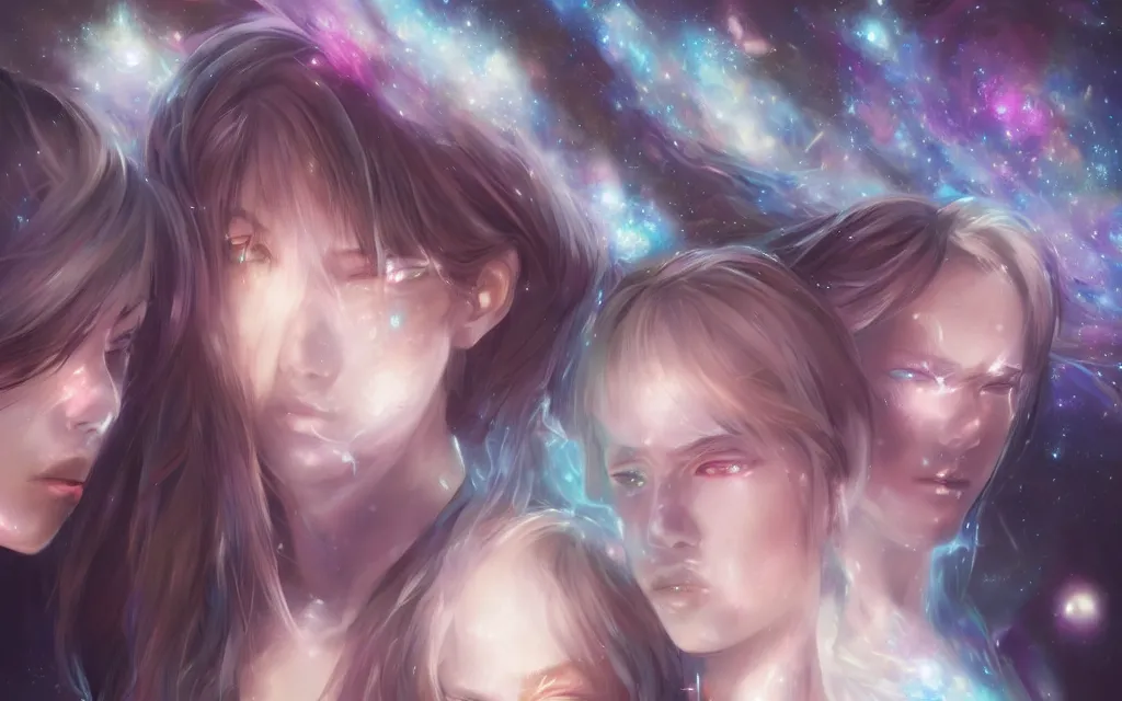 Prompt: A realistic anime portrait of a beautiful cosmic twins with glowing void eyes and cosmic skin wearing clothes made of galaxies, digital painting, by Stanley Artgerm Lau, Sakimichan, WLOP and Rossdraws, digtial painting, trending on ArtStation, SFW version