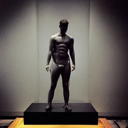 Image similar to “ a realistic detailed photo of a guy who is an attractive humanoid who is half robot and half humanoid, who is a male android, actor liam hemsworth, shiny skin, posing like a statue, blank stare, at the museum, on display ”