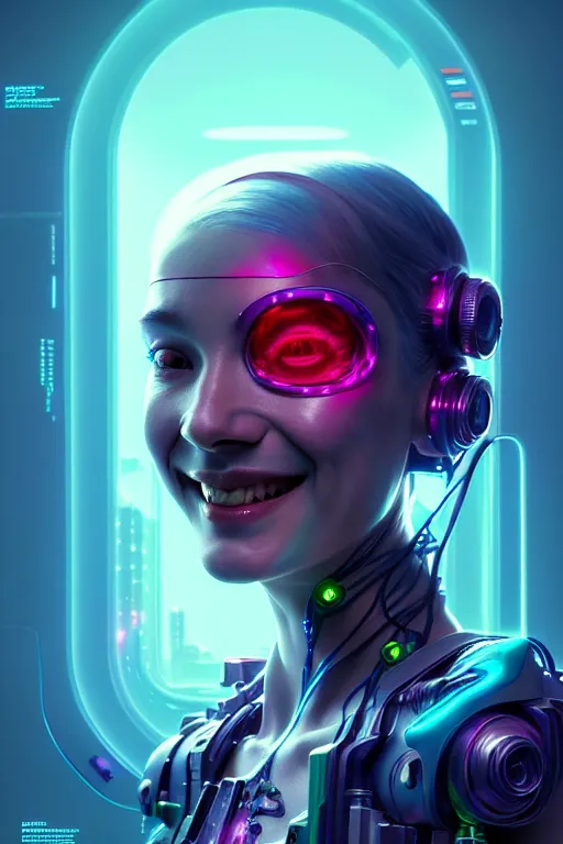 Image similar to portrait of a cute smiling bioluminescent creature, cyberpunk, dark retrowave, highly detailed, asymmetrical artwork, cinematic, hyperrealism, art stanley lau and artgerm and magali villeneuve and alphonse mucha, artstation, octane render, unreal engine, 8 k, aperture f 1. 2