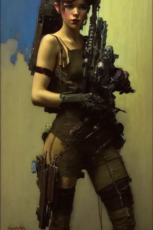 Image similar to portrait max mad cyberpunk, girl with a rifle character design, painting by gaston bussiere, katsuya terada, nc wyeth, greg rutkowski, craig mullins, vermeer, frank frazetta, tom of finland, trending on artstation, jeffery catherine jones