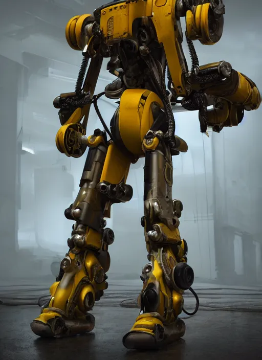 Image similar to a photorealistic dramatic hyperrealistic render of a futuristic exosuit power loader heavy machinery, ultra realistic details, glossy yellow, well worn, rust, oil stains by vitaly bulgarov and mike nash, beautiful dramatic dark moody tones and lighting, cinematic atmosphere, studio lighting, global illumination, shadows, dark background, octane render, 8 k