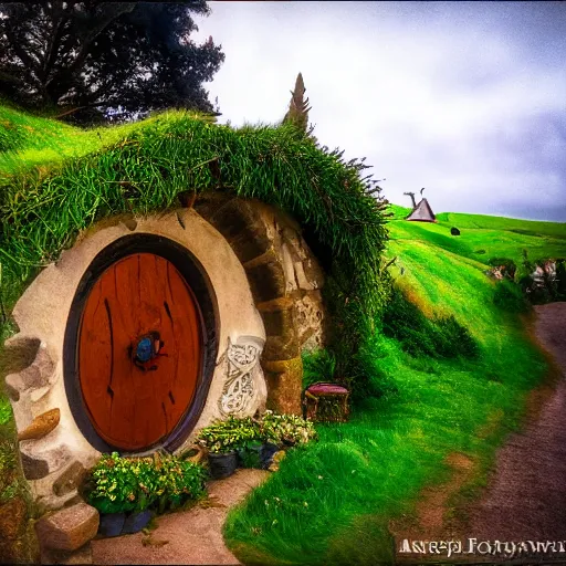 Image similar to Hobbiton in the style of Hans Gude