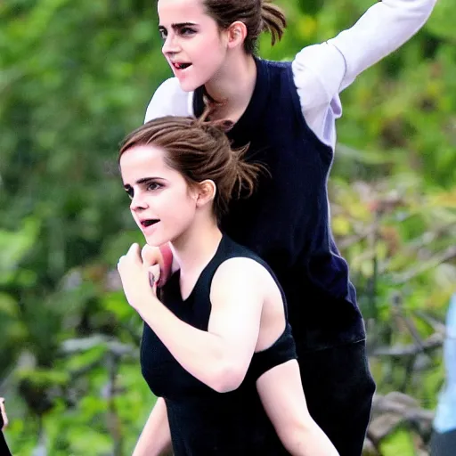 Prompt: emma watson grappling with a giant spider