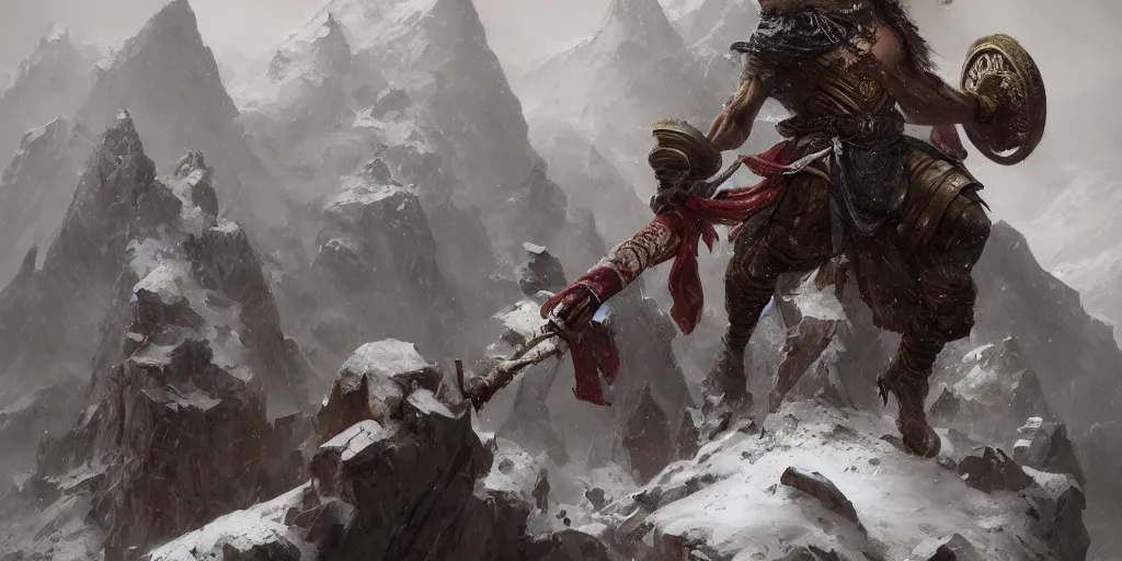 Image similar to ancient persian super hero the rostam with a mace in hand on a snowy mountain peak, art by greg rutkowski, dark fantasy art, high detail, trending on artstation, insane details, dramatic lighting,