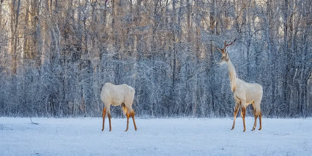 Image similar to a long haired albino elk with a long neck like a giraffe walks thru an enchanted forest, majestic!!! beautiful!!!, ethereal!!!, loving, ultra realistic, winter, golden hour, volumetric lighting, sharp focus