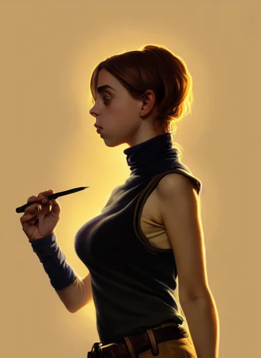 Image similar to portrait of a full body of beautiful young female detective, d & d, sleeveless turtleneck, fantasy, flat lighting, intricate, highly detailed, digital painting, artstation, concept art, smooth, sharp focus, illustration, billie eilish, art by simon bisley and greg rutkowski and alphonse mucha, natural tpose