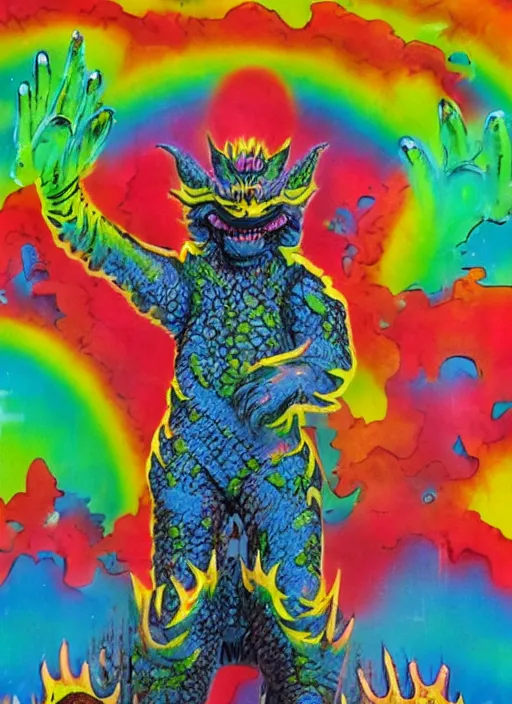 Image similar to kaiju sofubi, rainbow colored, spray painted
