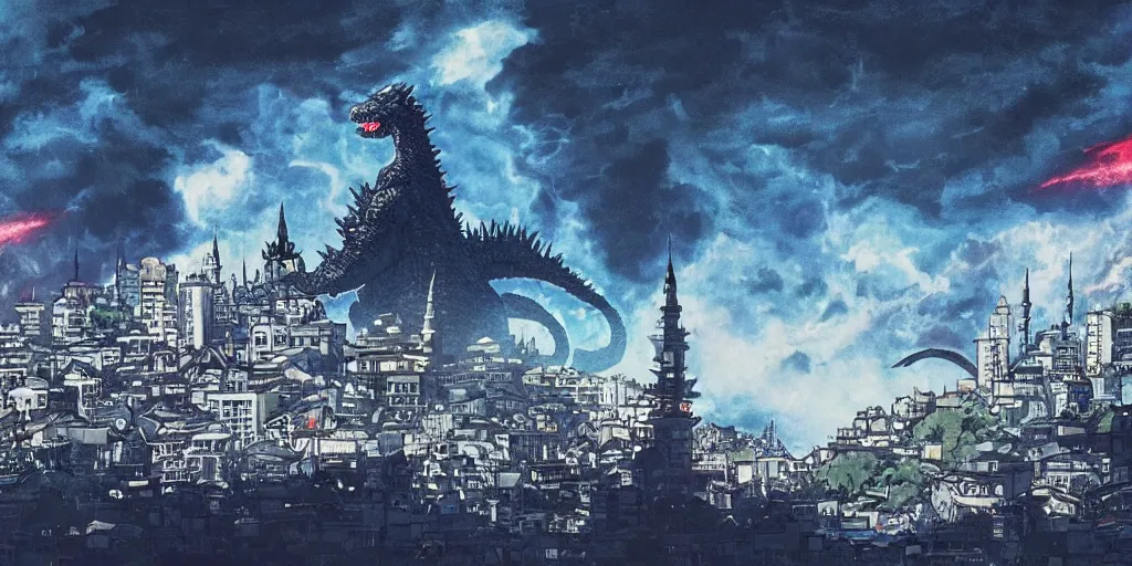 Prompt: godzilla is attacking istanbul, studio ghibli, dark sky, anime background