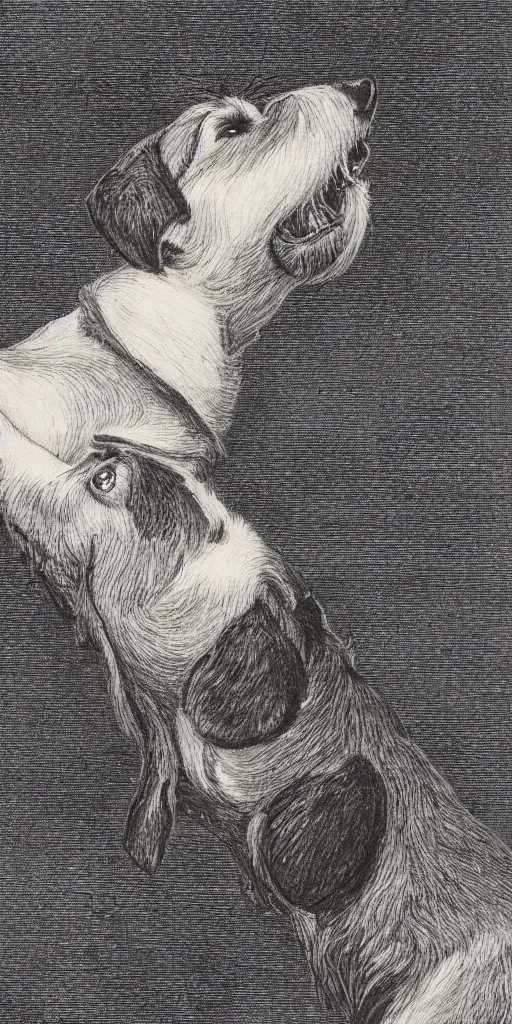 Image similar to portrait of jack russel dog looking up and howling with mouth open sad, night sky, highly detailed, side view, illustrated by peggy fortnum and beatrix potter and sir john tenniel